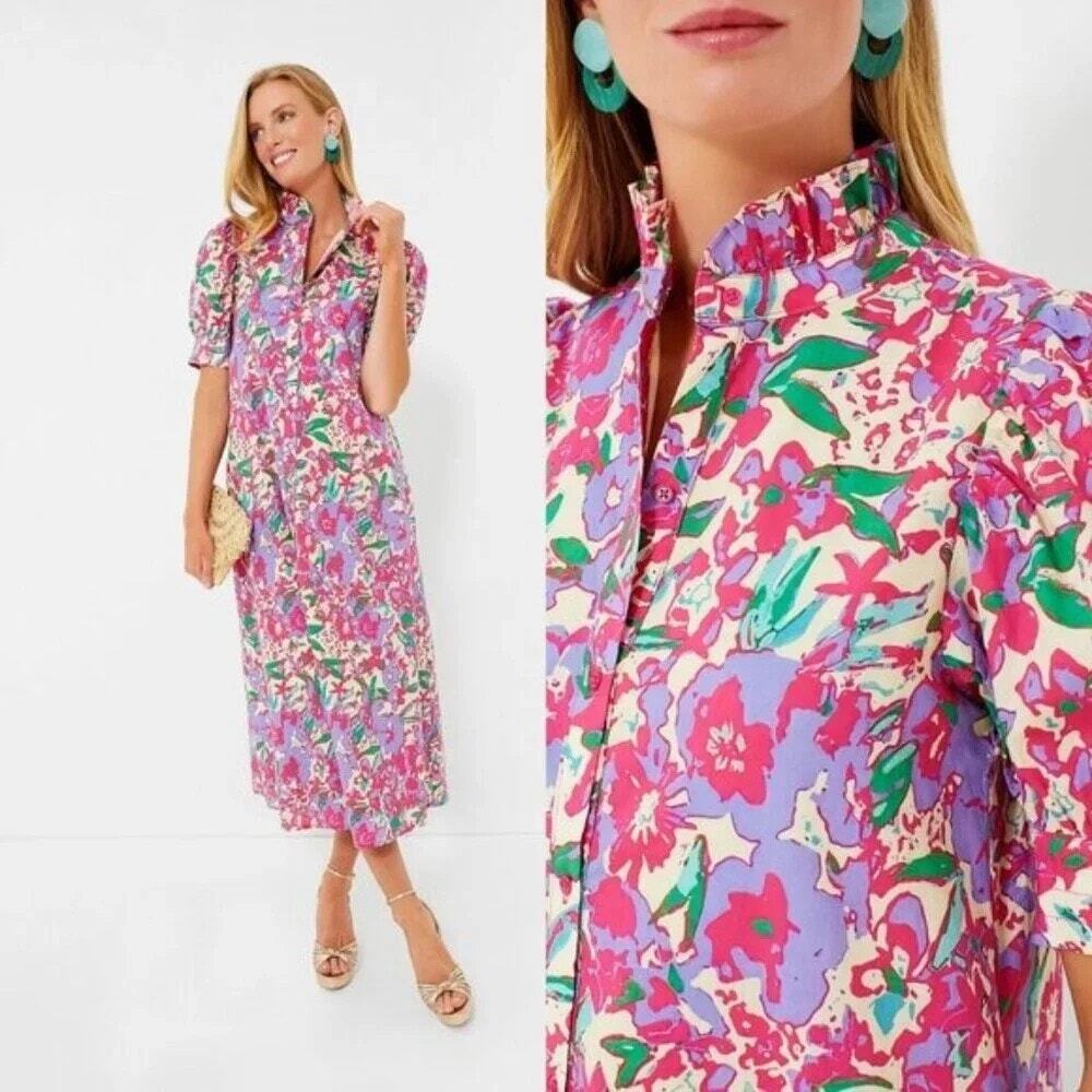 Hyacinth House Magenta Multi Floral Ruffle Collar Louisa Midi Dress Size XL NWOT